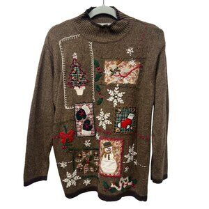 Vintage Brown Christmas Sweater XL Snowflakes & Holiday Appliques Wool Blend